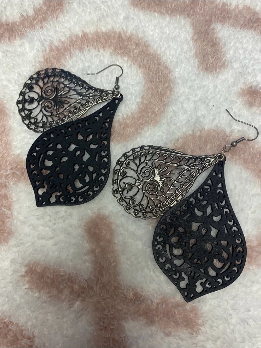 Silver Tone Filigree and Black Wood Tear Drop Dangle Earrings